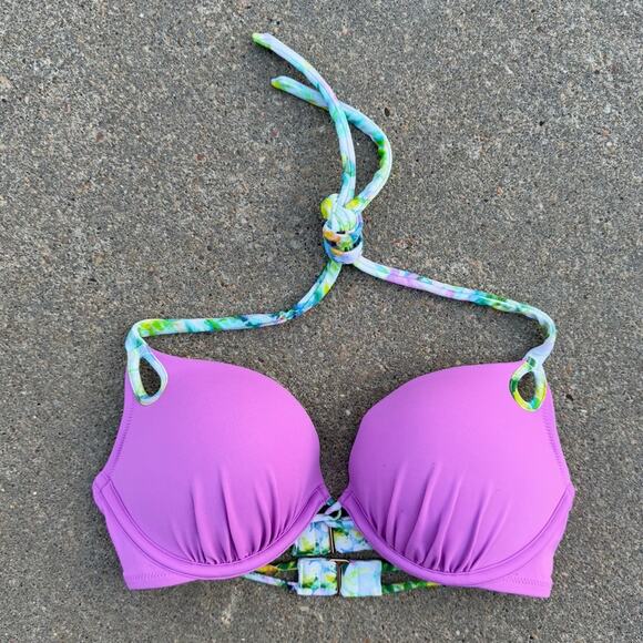 Victoria’s Secret 34B The Gorgeous Add-2-Cups Halter Bikini Top purple green - Picture 1 of 5